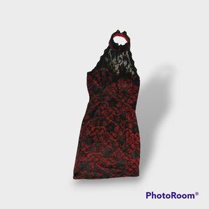 Fashion Magazine Red and Black Lace Halter Dress Size Medium Zip Back Button